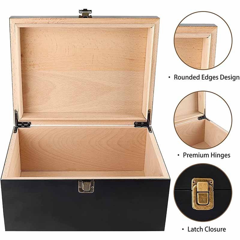 Black Wooden Storage Box with Hinged Lid Latch for Souvenirs and Gifts Perfect Bin for Organization