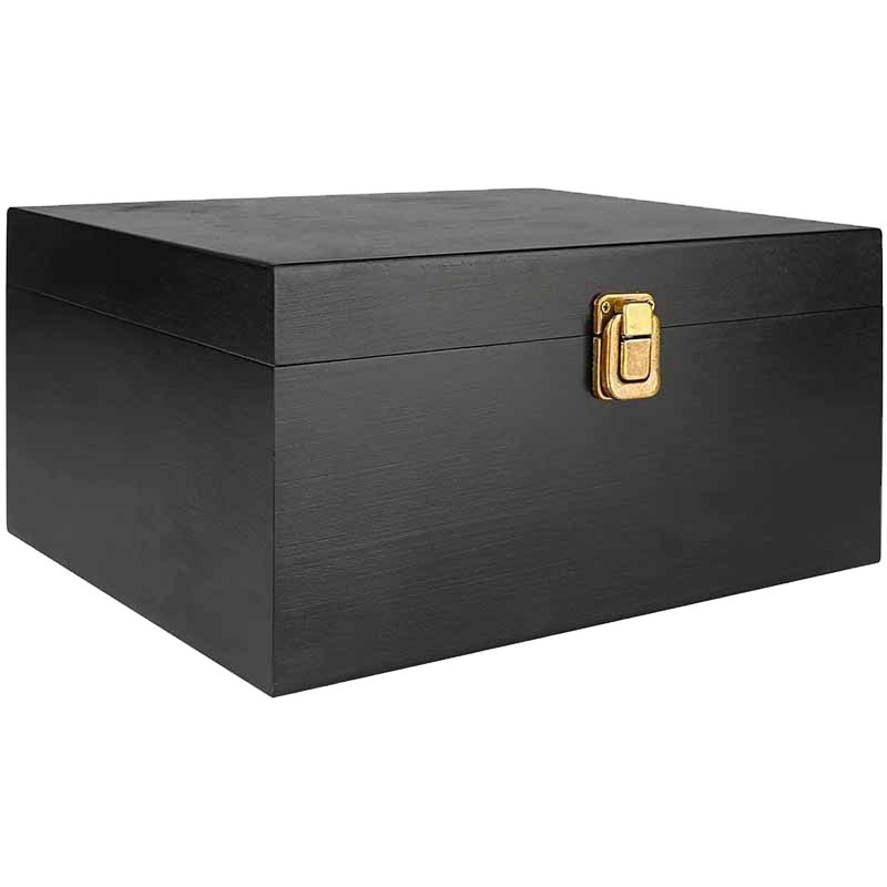 Black Wooden Storage Box with Hinged Lid Latch for Souvenirs and Gifts Perfect Bin for Organization