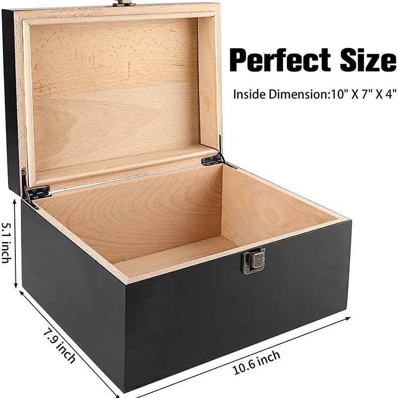 Black Wooden Storage Box with Hinged Lid Latch for Souvenirs and Gifts Perfect Bin for Organization