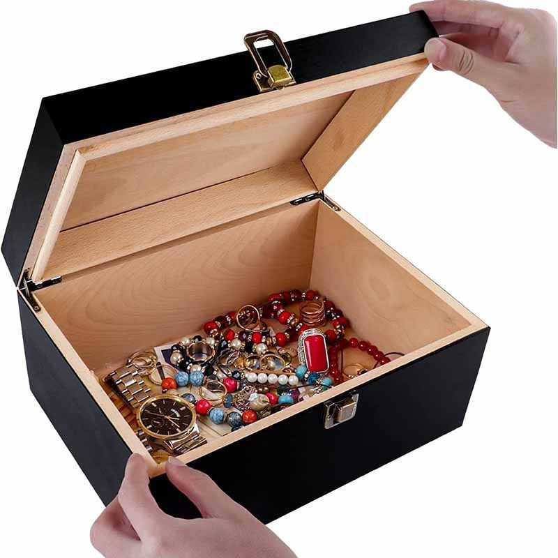 Black Wooden Storage Box with Hinged Lid Latch for Souvenirs and Gifts Perfect Bin for Organization