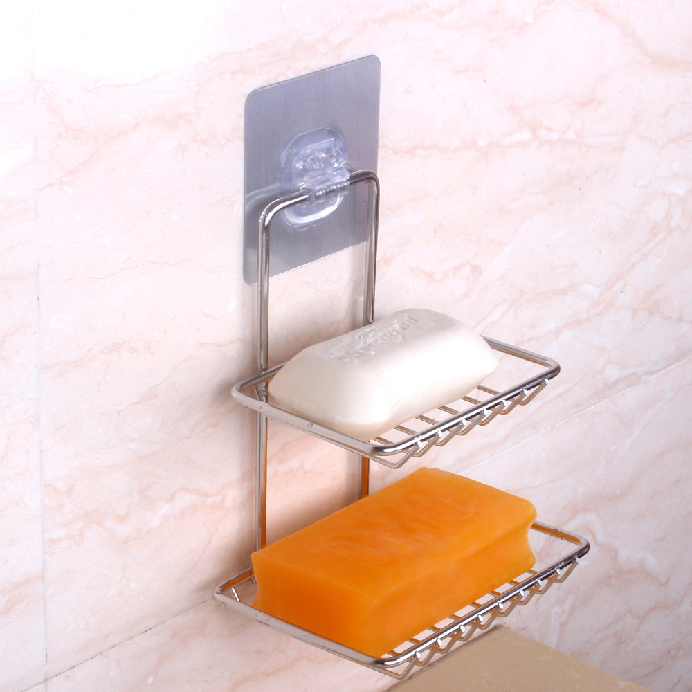 Wholesale Stainless Steel Bathroom Soap Dish Wall Mounted Double Layer Adhesive Soap Holder Tray Soap Basket