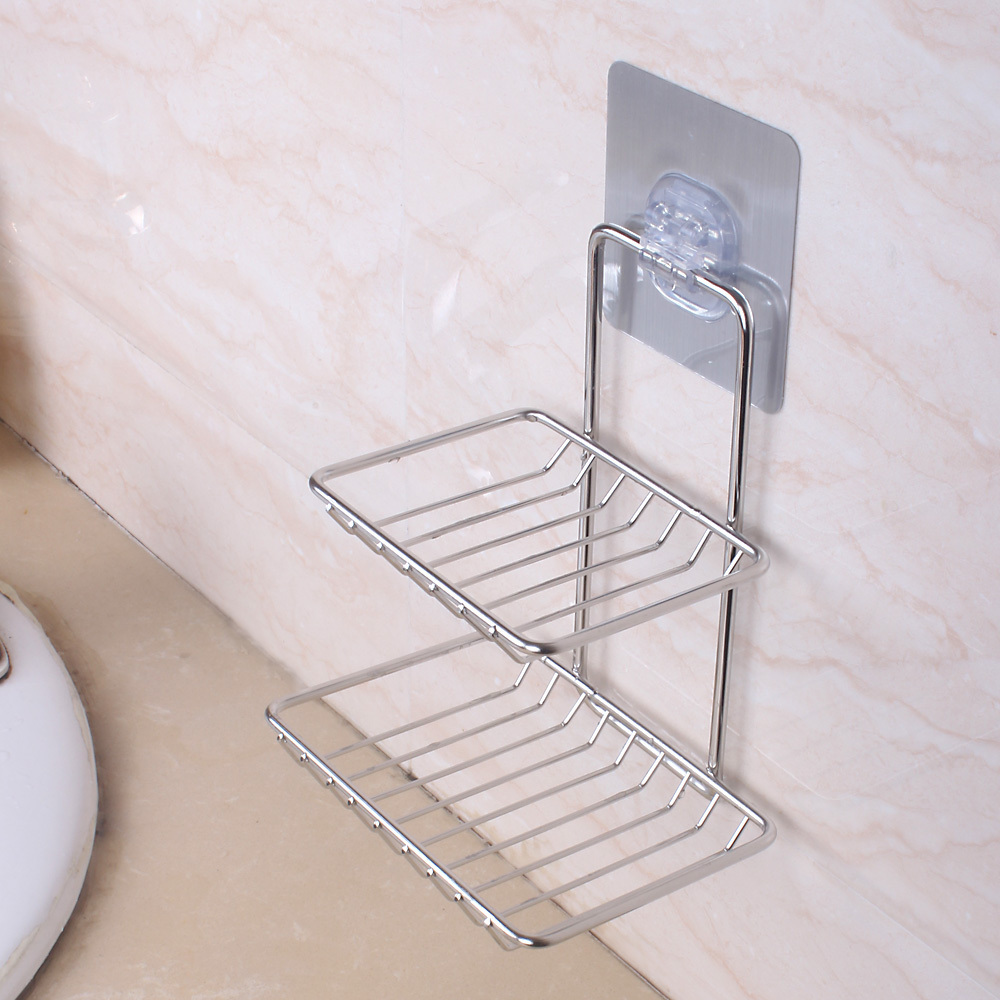 Wholesale Stainless Steel Bathroom Soap Dish Wall Mounted Double Layer Adhesive Soap Holder Tray Soap Basket