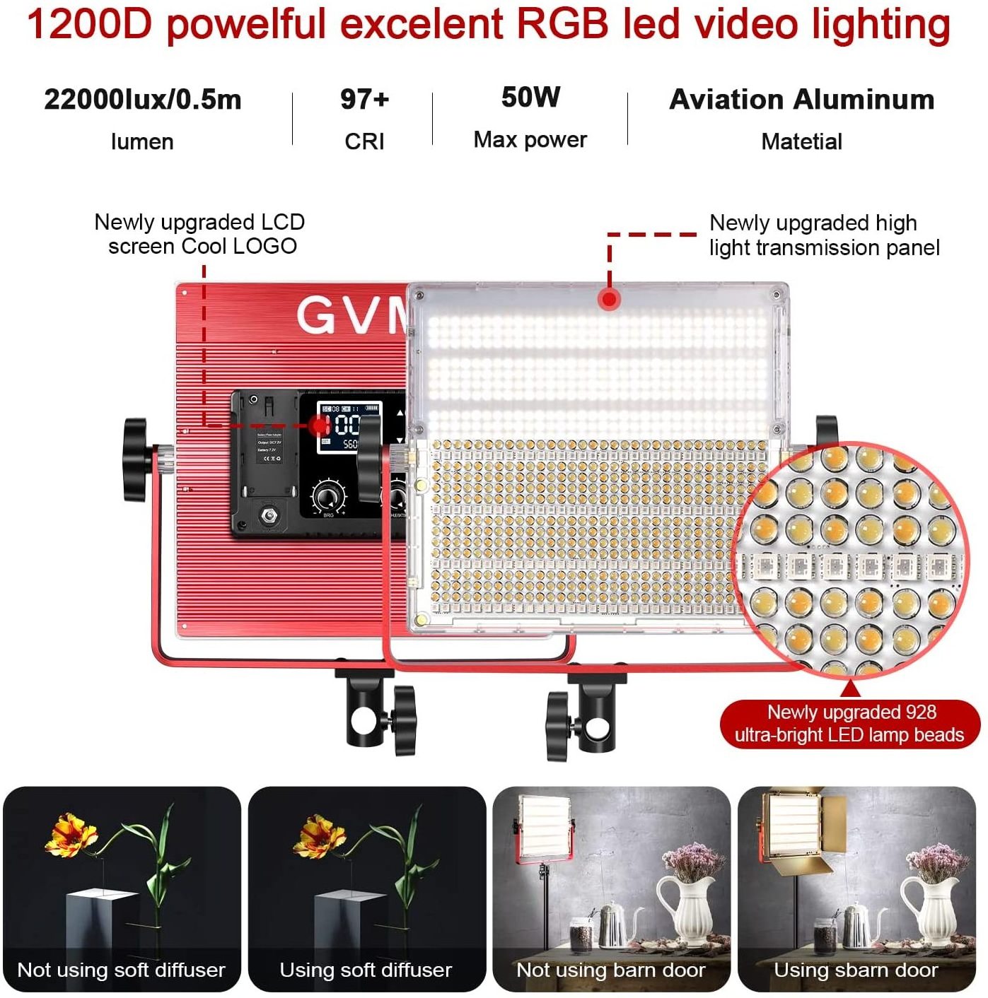 GVM 1200D PRO RGB LED Video Light with 3 Softboxes 50W Video Lighting Color Led Video Lighting Kit with APP