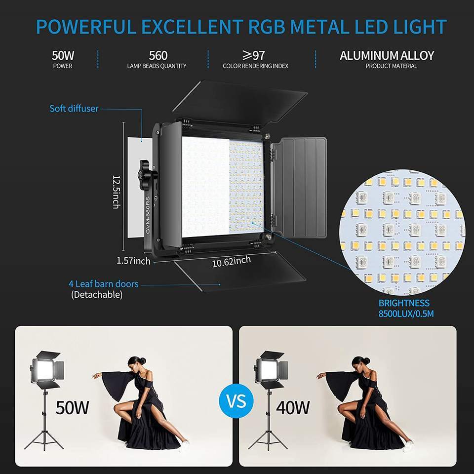 GVM 680 Great VideoMaker RGB LED Video Light,50W Video Lighting Kit with APP Control, Photography Lighting kit