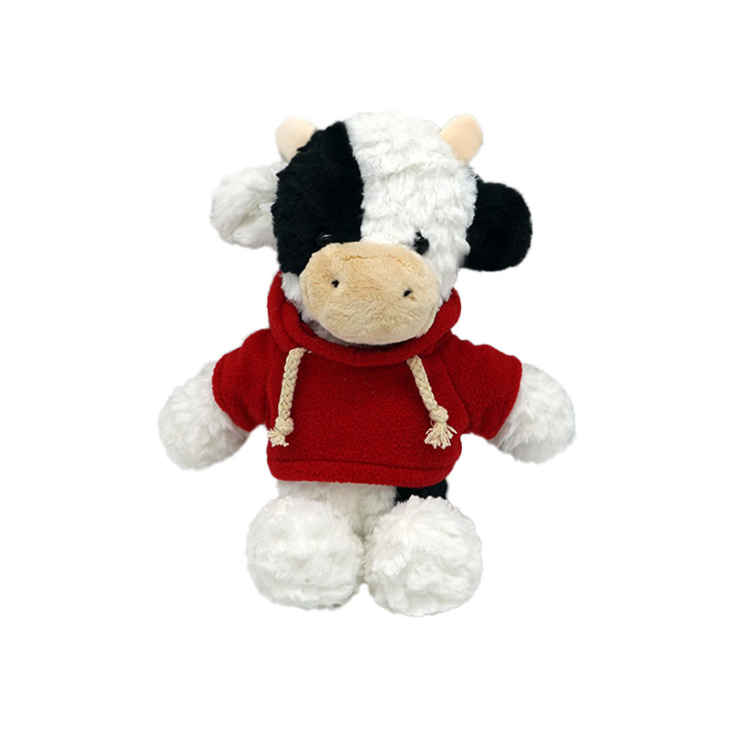 Customized logo plush dairy cow plush toys with hoodie Sublimation logo stuffed Cartoon Jungle Animals cow Plush Toys for kids