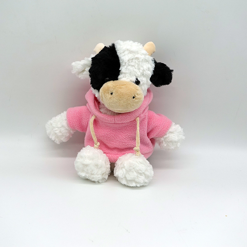 Customized logo plush dairy cow plush toys with hoodie Sublimation logo stuffed Cartoon Jungle Animals cow Plush Toys for kids