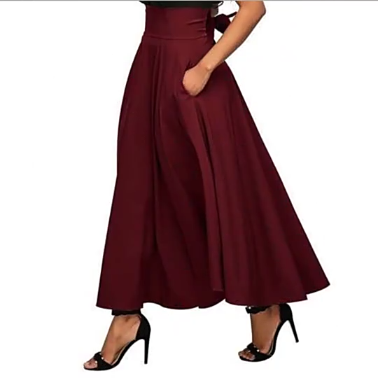 Custom Solid Color Bow Belt Big Swing Pleated Long Skirt High Waist Lady daily half skirt Pleated Long Maxi Skirt Women