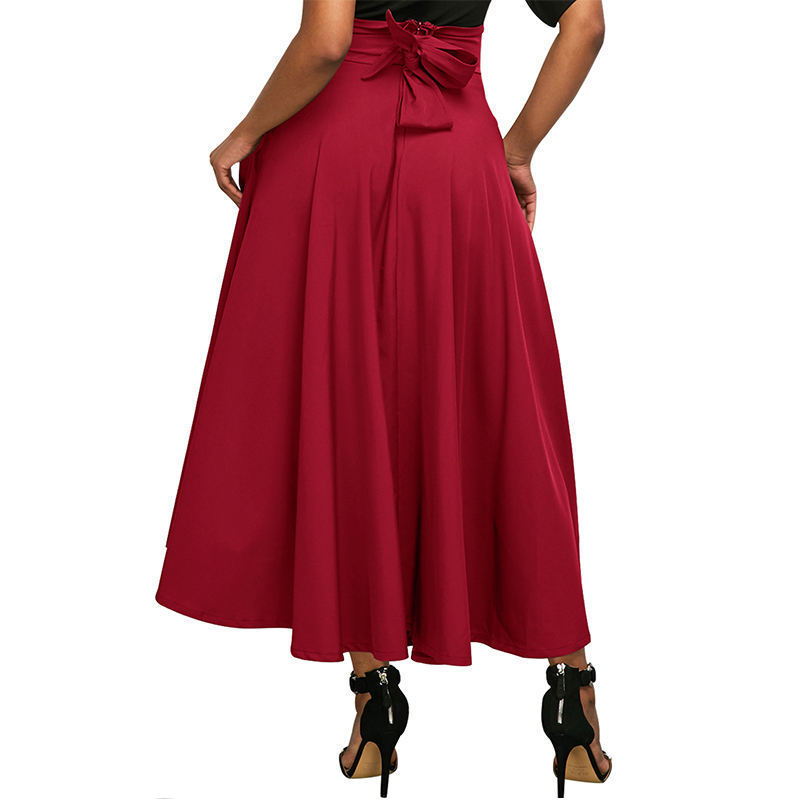 Custom Solid Color Bow Belt Big Swing Pleated Long Skirt High Waist Lady daily half skirt Pleated Long Maxi Skirt Women