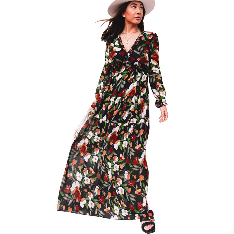 Vestidos Mujer Clothing Wholesale Women Pleat Elegant Floral Printing dress Casual Boho Long Sleeve Maxi Dress Ladies