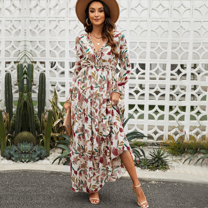 Vestidos Mujer Clothing Wholesale Women Pleat Elegant Floral Printing dress Casual Boho Long Sleeve Maxi Dress Ladies