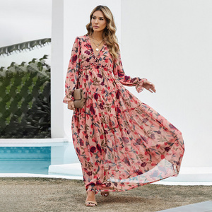 Vestidos Mujer Clothing Wholesale Women Pleat Elegant Floral Printing dress Casual Boho Long Sleeve Maxi Dress Ladies