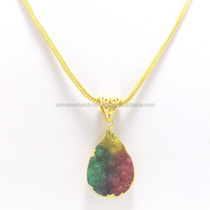 Natural Multi Color Druzy Necklace Jewelry Gold Plated Handmade Boho  Faceted Vintage CZ Pendant