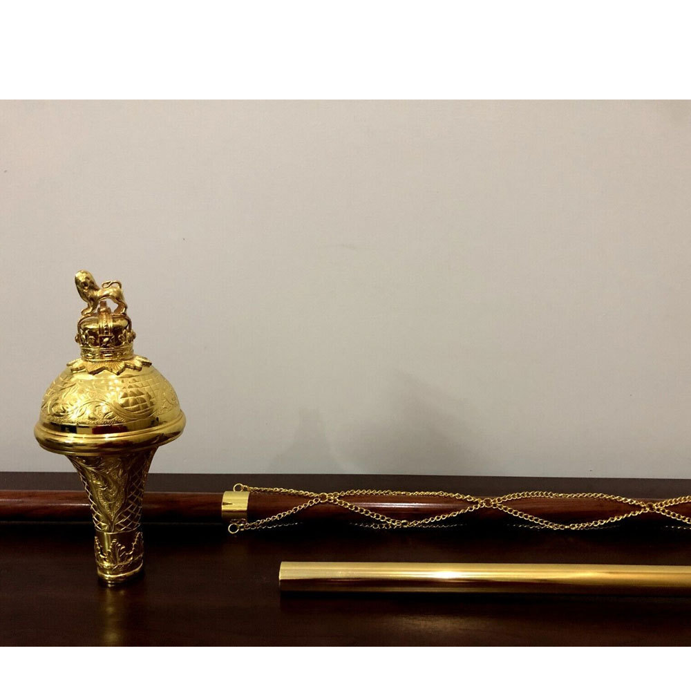 Drum Major Mace Embossed Head Gold Chrome Lion with Crown & Eagle 3 Parts Size 60