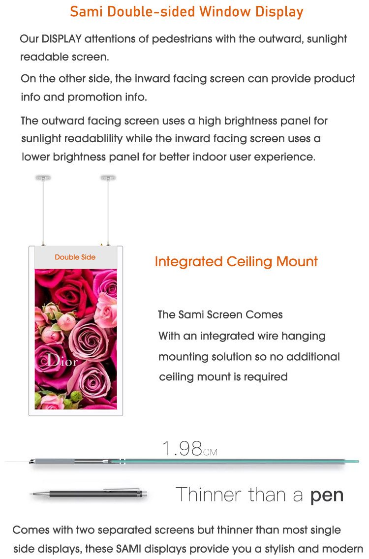 High Brightness Window Shopping Lcd Display Double Sided Hanging Display Digital Signage