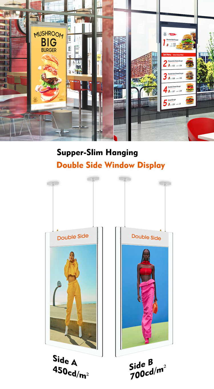 High Brightness Window Shopping Lcd Display Double Sided Hanging Display Digital Signage