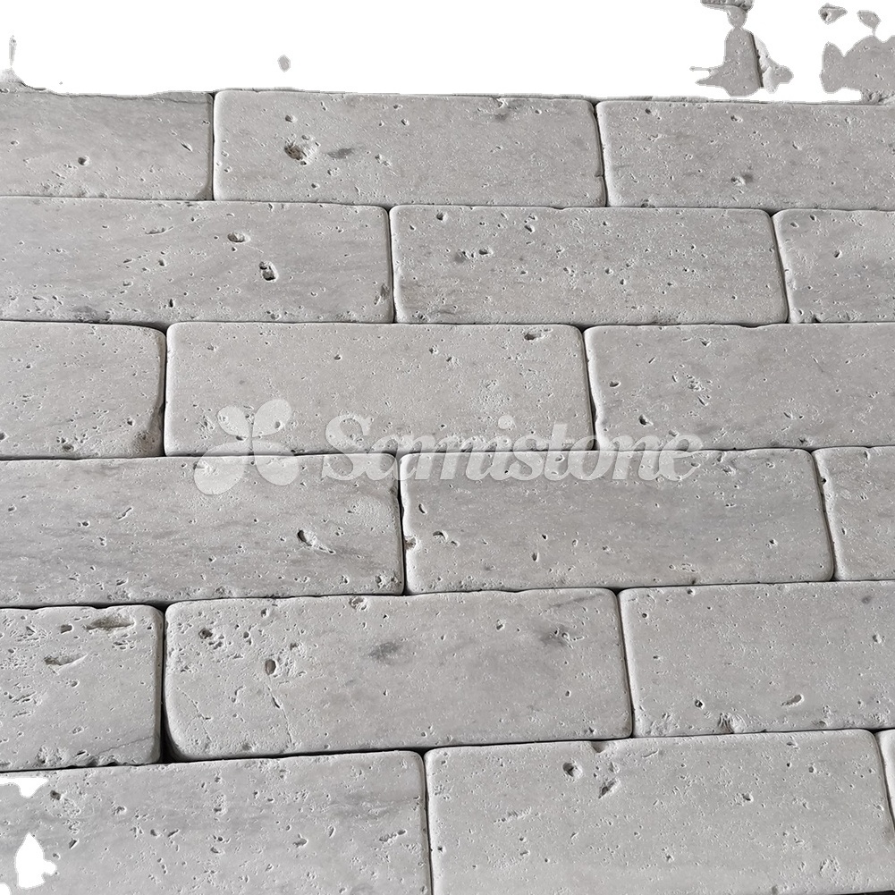 Samistone Tumbled Travertine Brick Strip Small Tiles for Outdoor Ivory Travertine