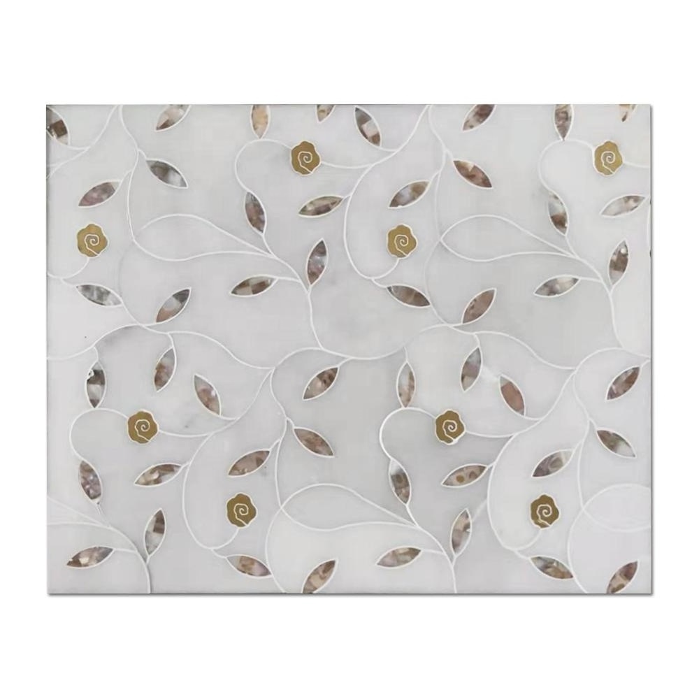 Samistone Bianco Carrara white and Brass Waterjet Mosaic Marble Flower Shaped Art Tile