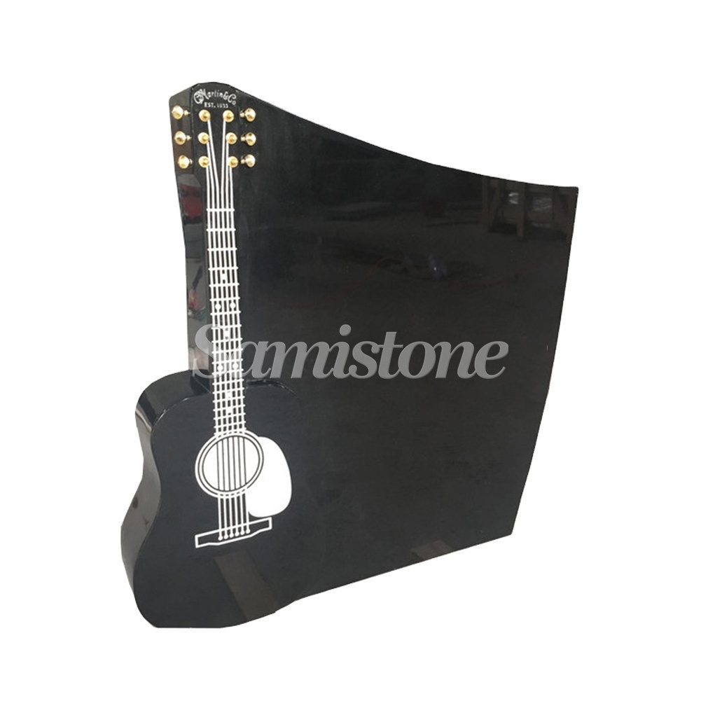 Acoustic Guitar Shape Carving Tombstone Upright Headstone Black Granite New Zealand Style Guitar Tombstone