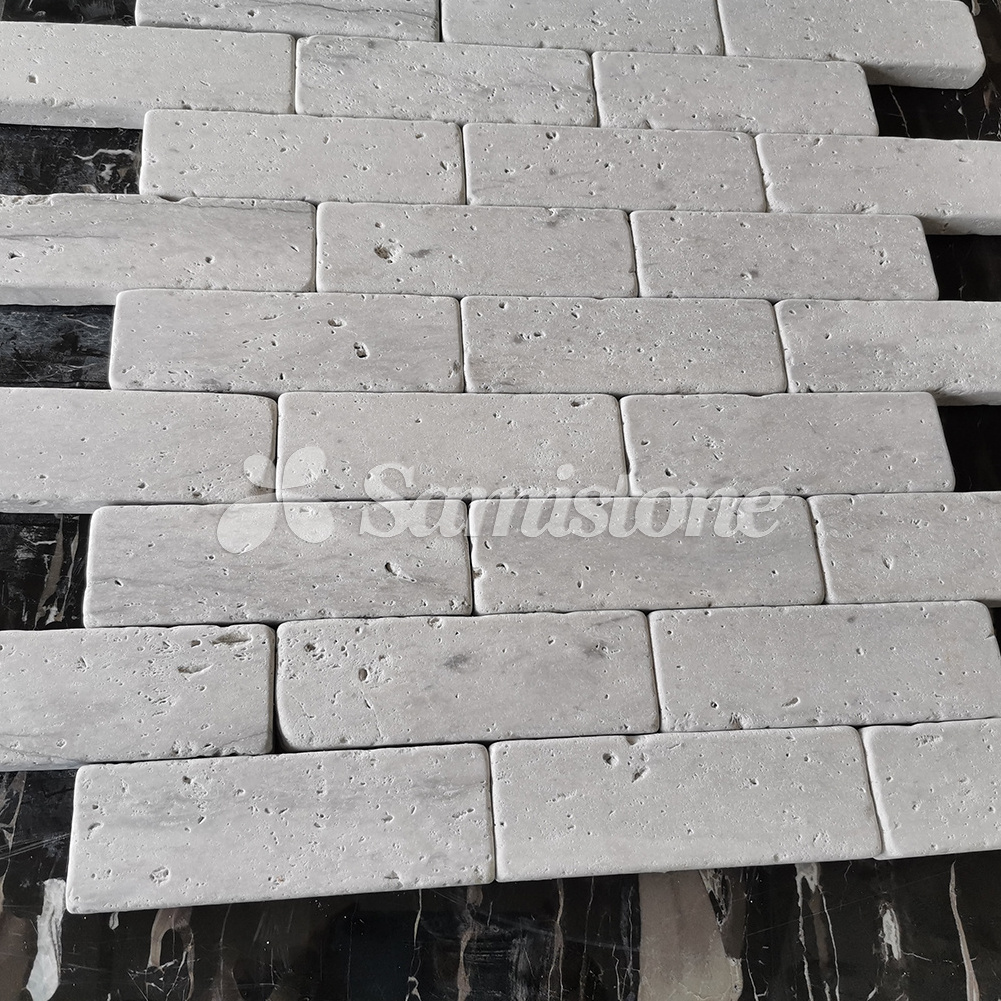 Samistone Tumbled Travertine Brick Strip Small Tiles for Outdoor Ivory Travertine