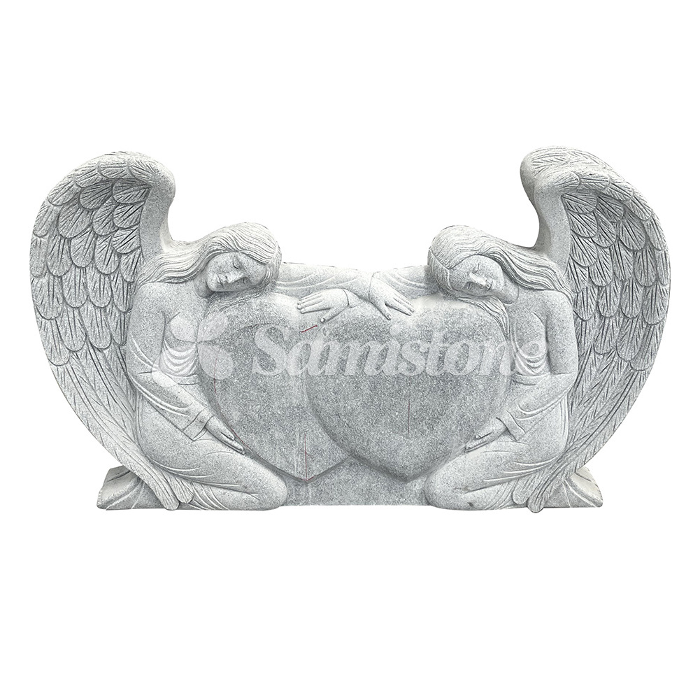 Samistone Wholesale Double Angel Headstone with Double Heart Shape Upright American Style Grey Granite Memorial