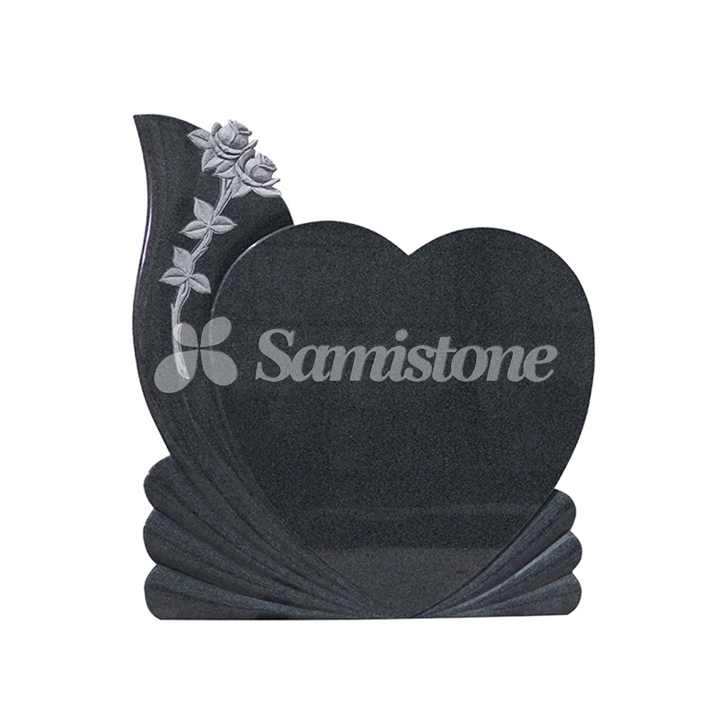 Heart Shape Rose Carving Tombstone Upright Headstone Black Granite American Style Tombstone