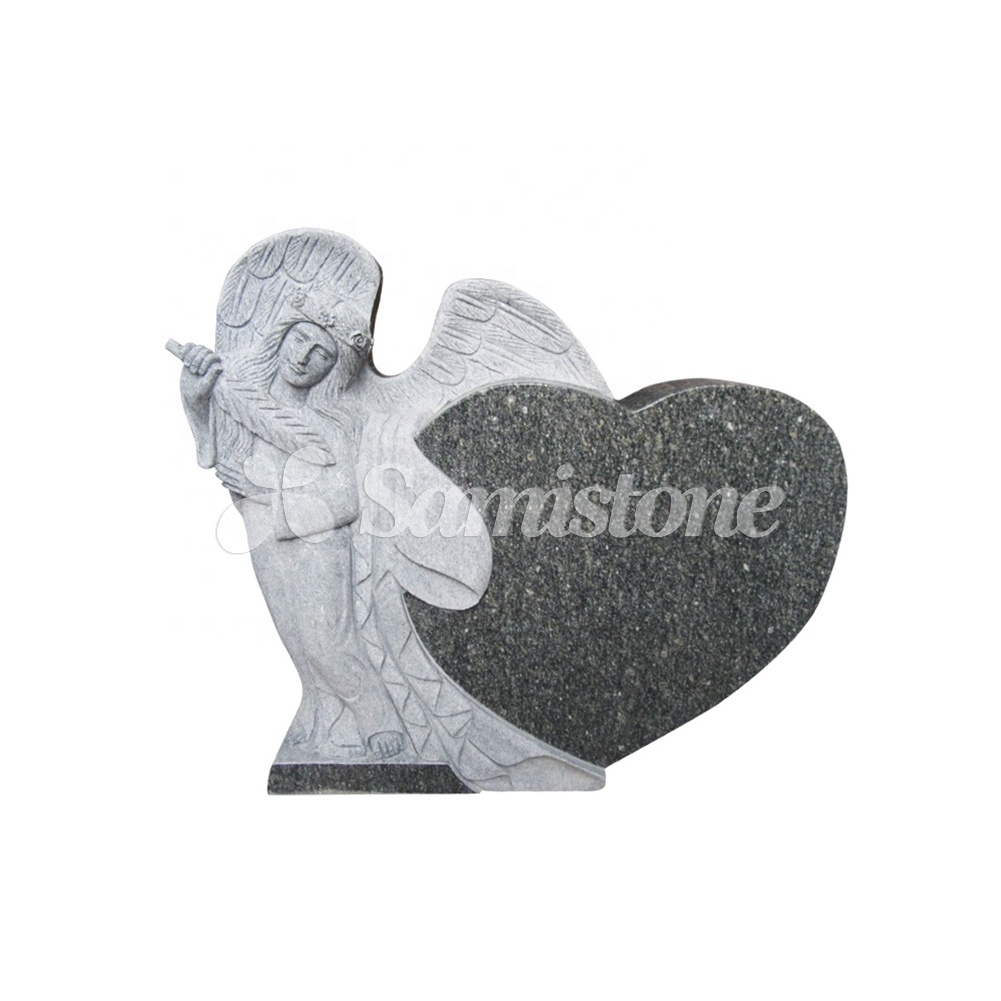 Angel Headstone with Heart Upright American Style Black Granite Tombstone and Monument