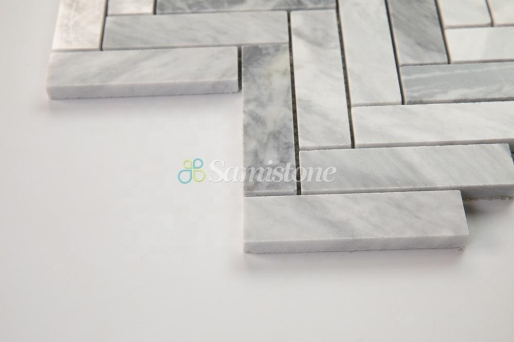 Samistone Herringbone Carrara Gray Marble Mosaic Tiles For Kitchen Backsplash