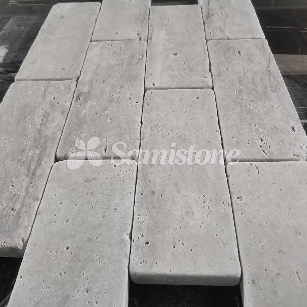 Samistone Tumbled Travertine Brick Strip Small Tiles for Outdoor Ivory Travertine