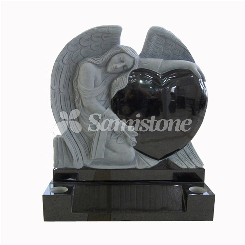 Angel and Heart Tombstone Upright Headstone Black Granite American Style Tombstone and Monument