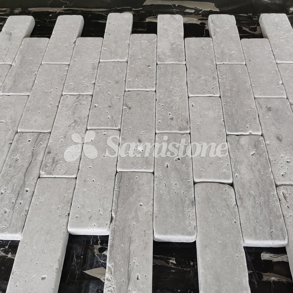 Samistone Tumbled Travertine Brick Strip Small Tiles for Outdoor Ivory Travertine