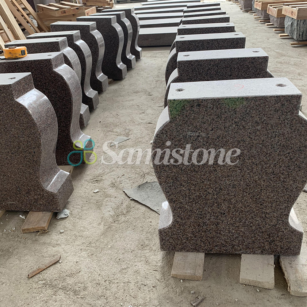 Samistone Red Pink Granite Tombstone S-Shaped Cut Grave Stone Carvings and Sculptures