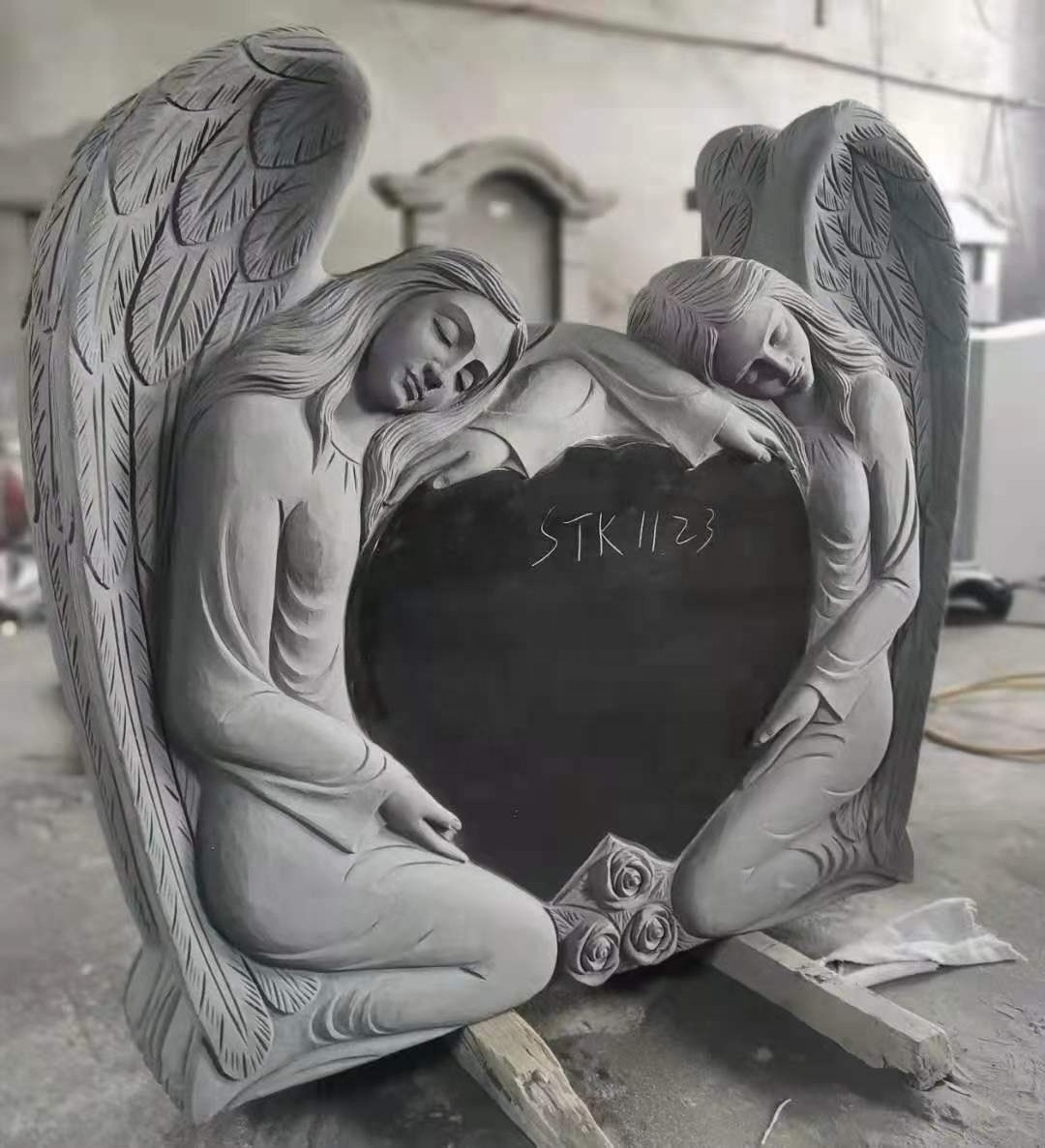 Black Granite Heart Angel Wings Headstone Cemetery Engraving Double Angel Headstone Tombstone For Usa