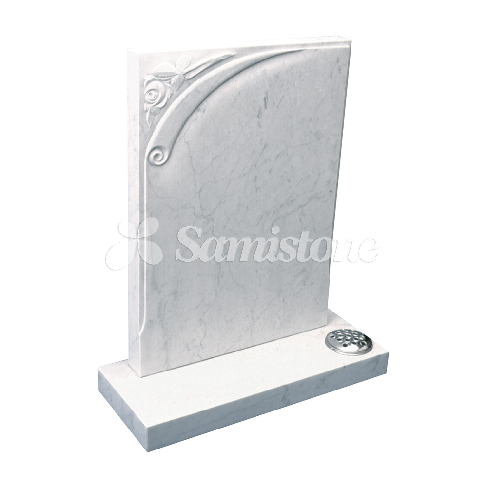 Samistone Carrara Marble Upright Headstone Carved Flower Olive Rose White Tombstone New Zealand Tombstone Flower Tombstone