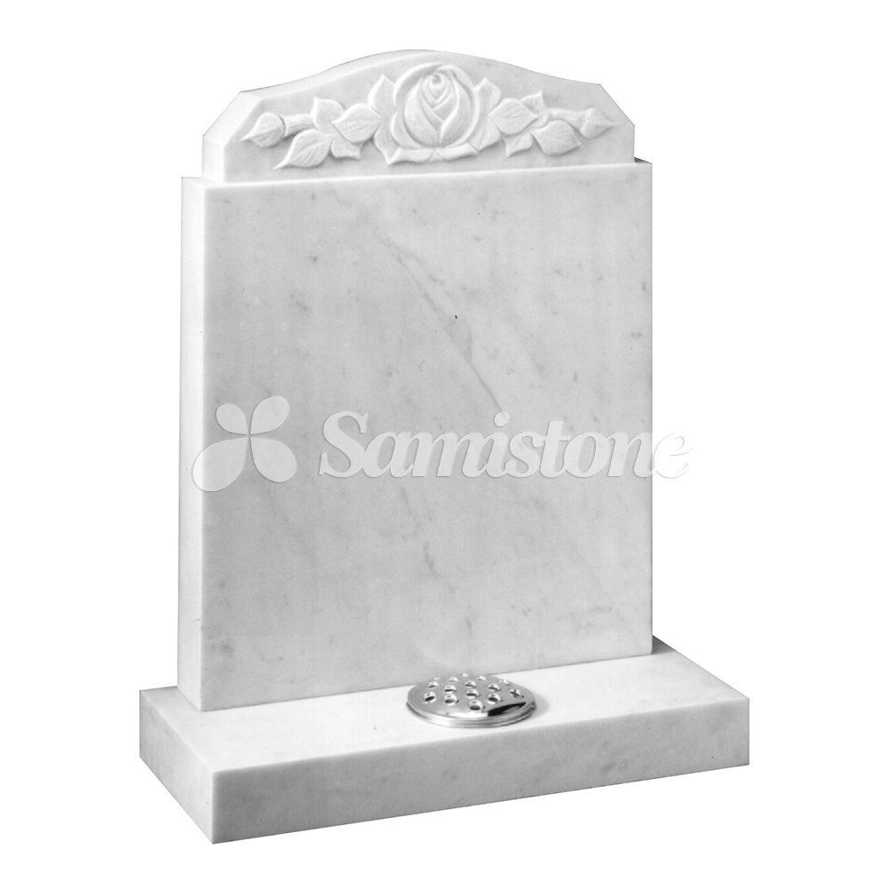 Samistone Carrara Marble Upright Headstone Carved Flower Olive Rose White Tombstone New Zealand Tombstone Flower Tombstone