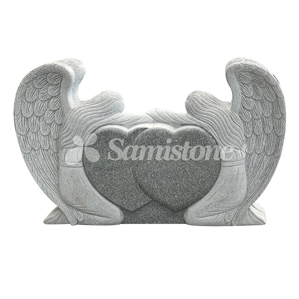 Samistone Wholesale Double Angel Headstone with Double Heart Shape Upright American Style Grey Granite Memorial