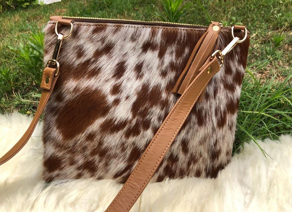 Cowhide Purse Crossbody Handbag Clutch Bag Brown Cow Hide Hair on Calf Hide Leather Fur