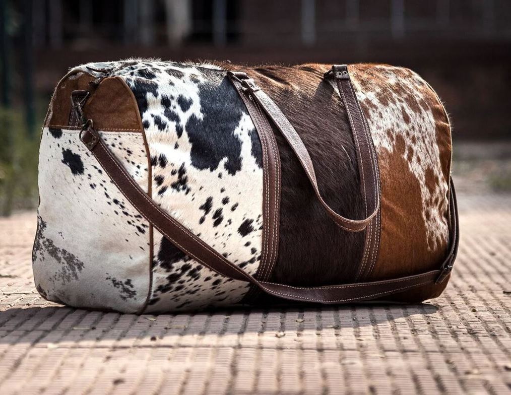 Cowhide Duffle Bag Black White Cowhide Duffle Bag & Genuine Cow Hide Leather, Cow Hair Duffle, Cowhide Travel Bag