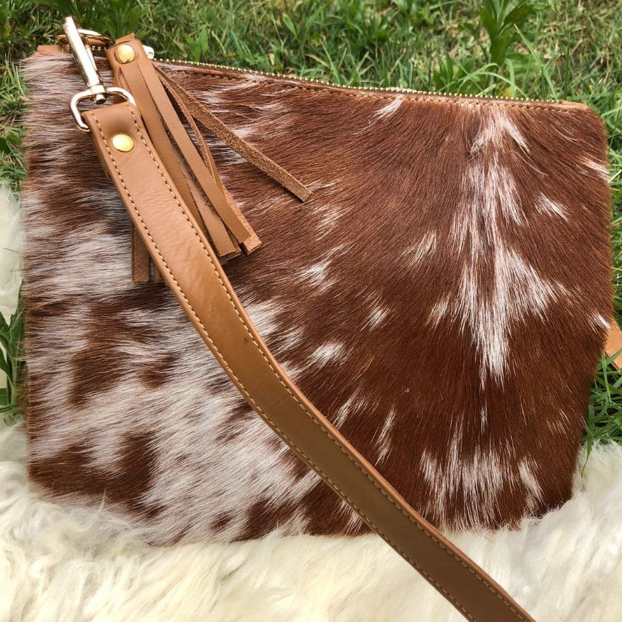 Cowhide Purse Crossbody Handbag Clutch Bag Brown Cow Hide Hair on Calf Hide Leather Fur