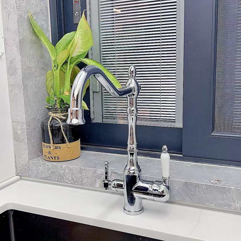 European style all copper antique faucet rotatable double handle multifunctional clean faucet cold and hot mixed kitchen faucet