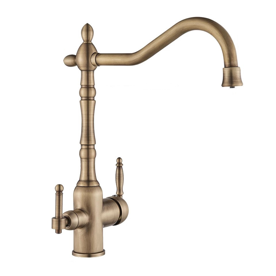 European style all copper antique faucet rotatable double handle multifunctional clean faucet cold and hot mixed kitchen faucet