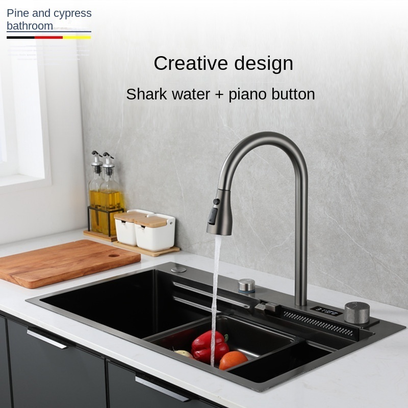 Grey Hot Cold stainless steel 304 Multiple Water Outlets Waterfall Rotation Flying Rain Sink Kitchen Faucet tap