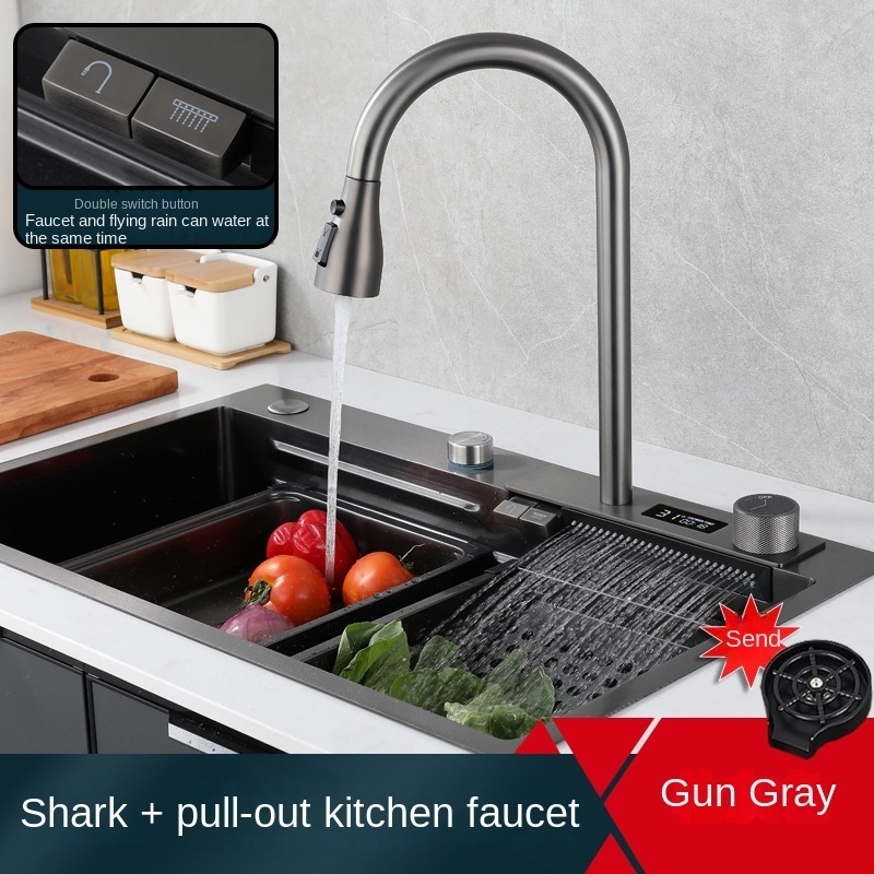 Grey Hot Cold stainless steel 304 Multiple Water Outlets Waterfall Rotation Flying Rain Sink Kitchen Faucet tap