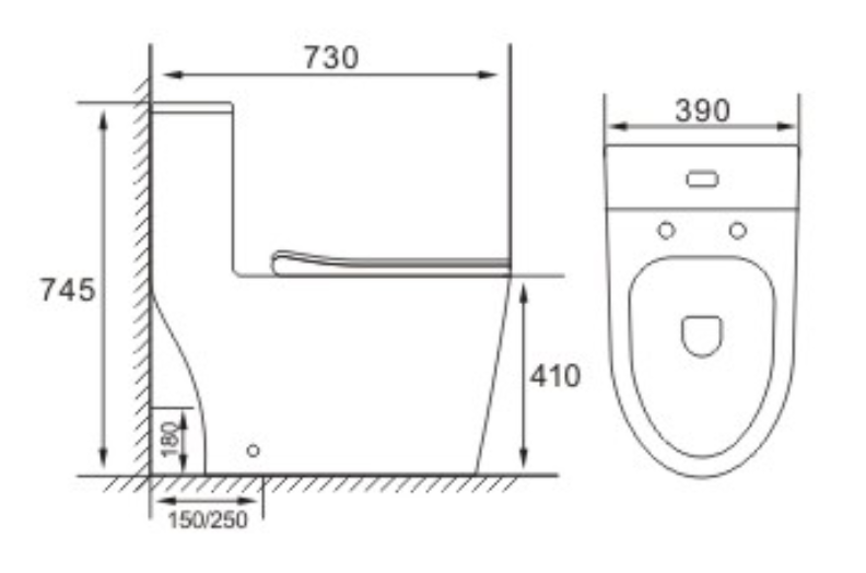 Singapore market Rimless One Piece WC Toilet Bowl with GEBERIT Filling valve and Flush. s-trap 150/180mm