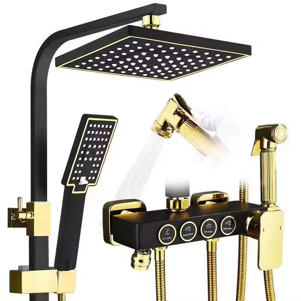 Samiyah Black Gold Thermostatic Shower Stainless Steel  Faucet Set 4 Function Rainfall Shower System With Bathroom Shelf Black