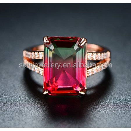 Factory Custom Emerald Cut Prong Set  Rhodium-plated Lab Created Watermelon Tourmaline Ring Woman