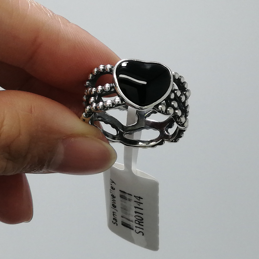 Fashion Daily Wear Cocktail Rings 925 Sterling Silver Women Hollow Out Heart Black Stone Agate Band Ring Jewelry