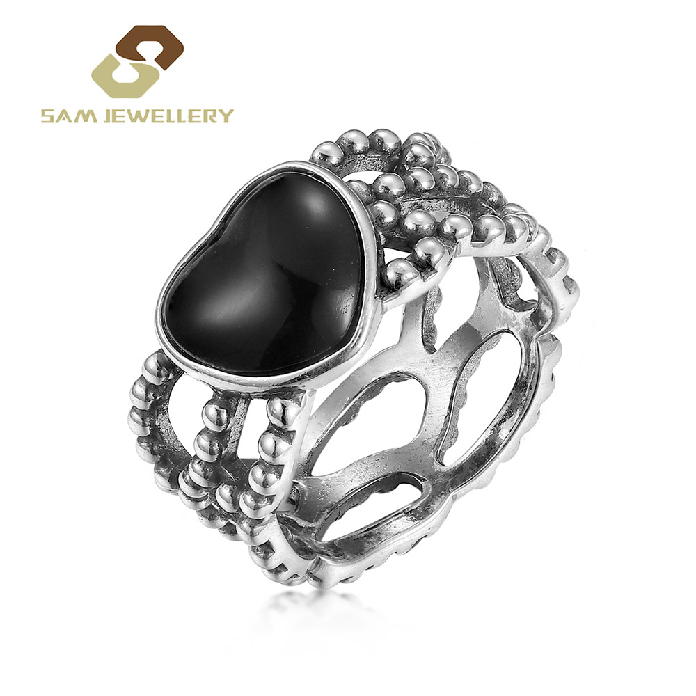 Fashion Daily Wear Cocktail Rings 925 Sterling Silver Women Hollow Out Heart Black Stone Agate Band Ring Jewelry