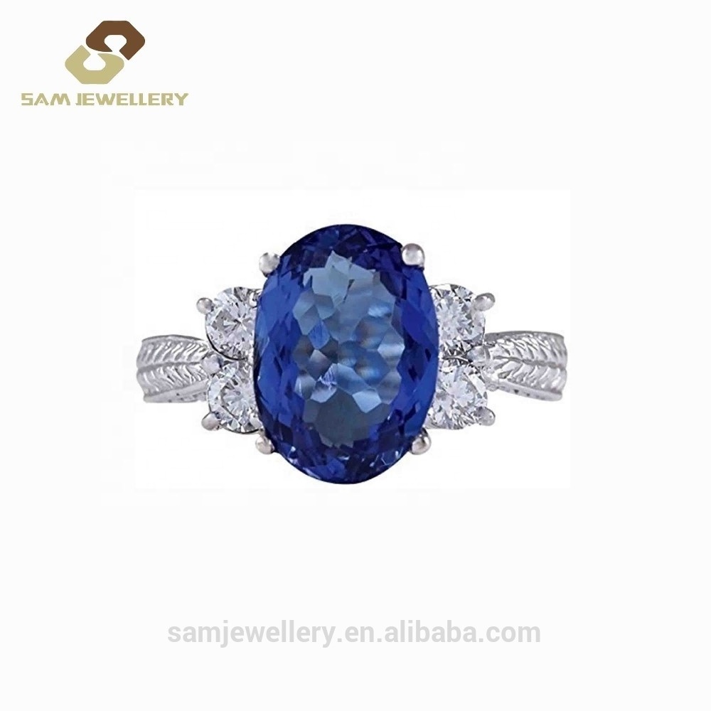 Custom Jewelry 925 Sterling Silver Round CZ Channel Set Blue Sapphire Side Stones Brilliant Engagement Ring