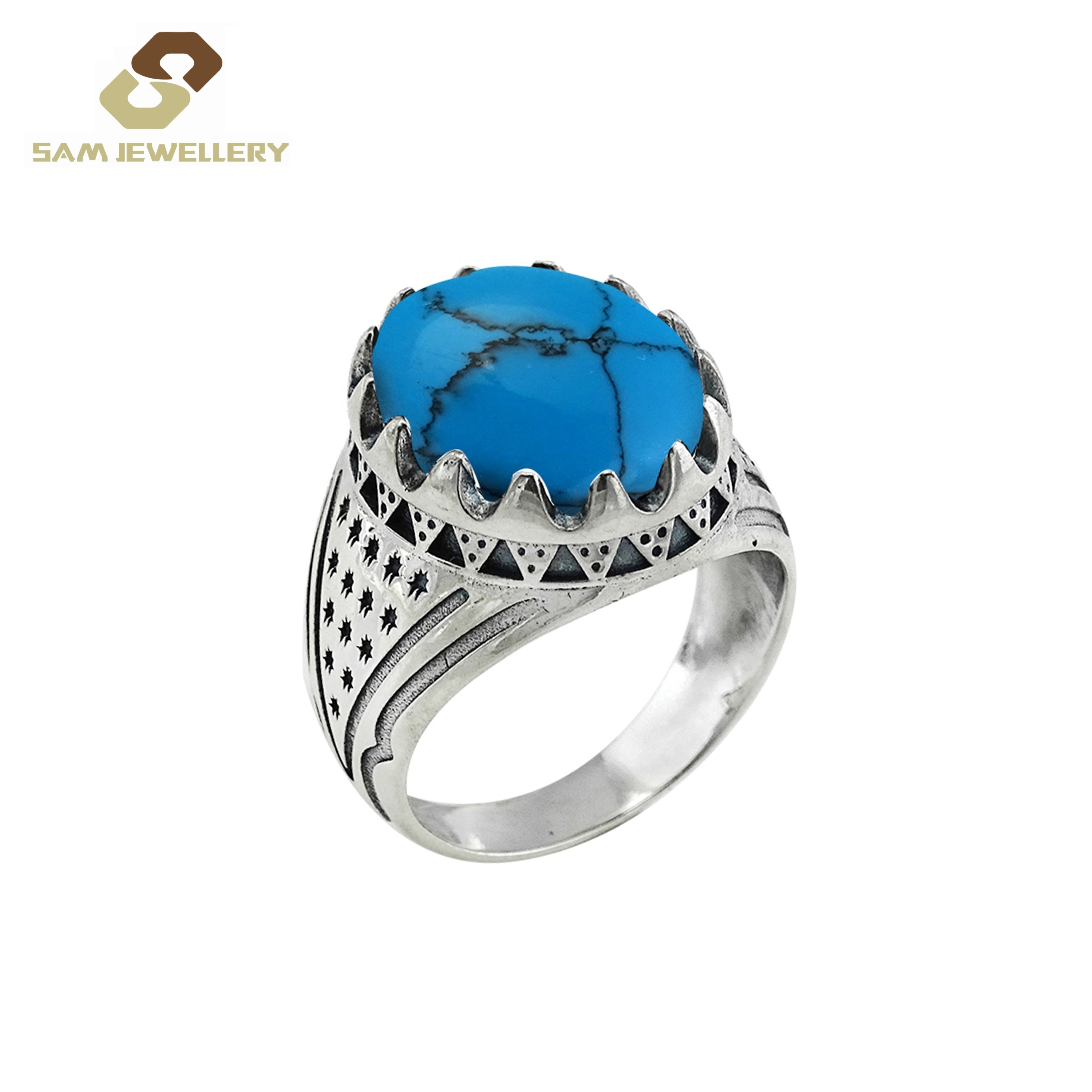 Designer Feroza Islamic Ring 925 Sterling Silver Gypsy Setting Oval Blue Turquoise Men's Wedding Ring jewelry