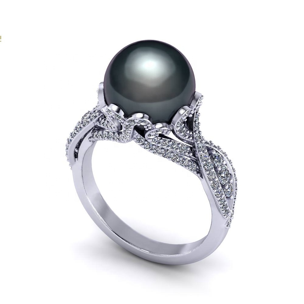 Cultured Women Sterling Silver Jewelry Tahitian Round Hawaiian Black Pearl Ring Gold Plated